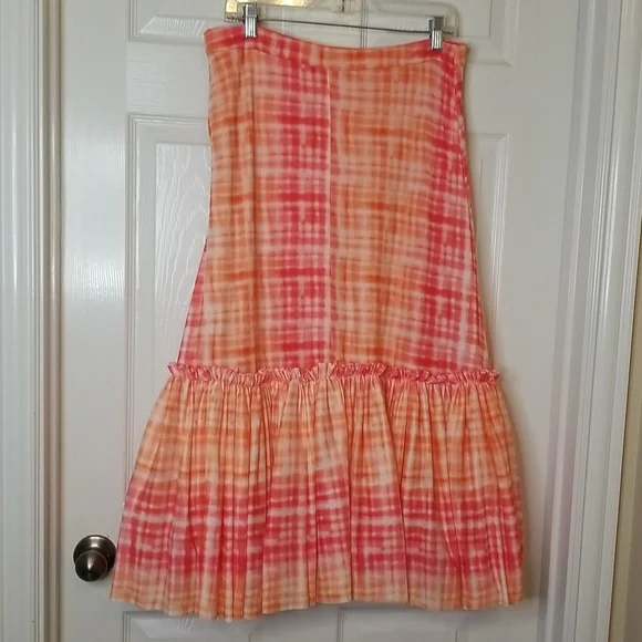 Anthropologie Eva Franco Flounced Orange Pink White Midi Skirt - Picture 8 of 14